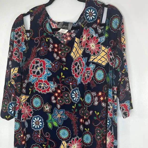Slinky Brand Women Floral Asymmetric Blouse off the shoulders Crew neck Sz 1X - Picture 5 of 11